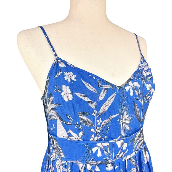 J. CREW 100% Linen Ratti Tropical Toile Blue/White Floral Midi Tea Dress Size 4 - Picture 2 of 10